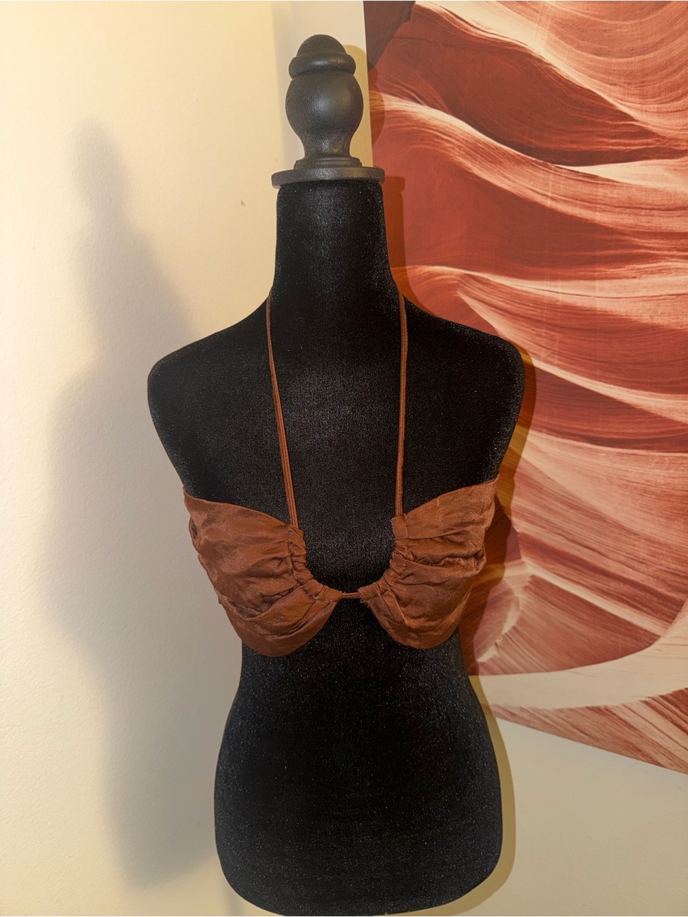 PrettyLittleThing Brown Ruched Halter Crop Top